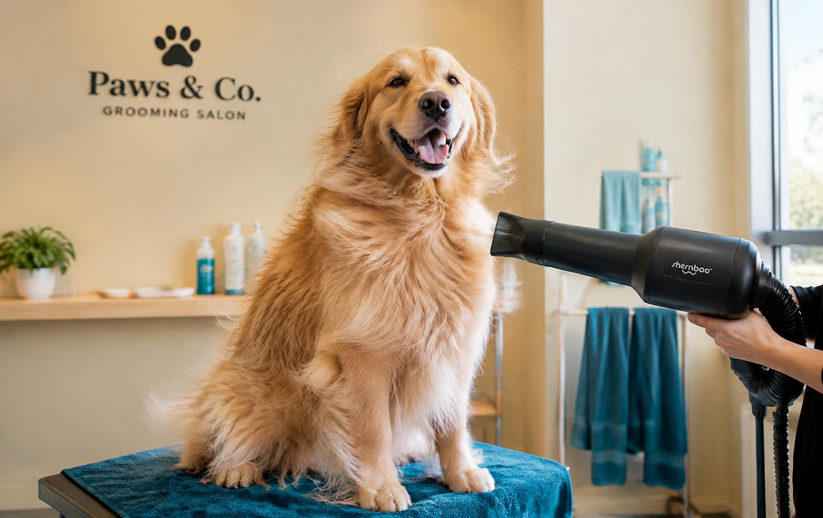 Golden retriever wordt gedroogd met een waterblazer